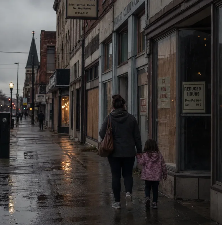 Woman and child walk down a wet downtown sidewalk past closed shops with Now Hiring and Reduced Hours signs.
