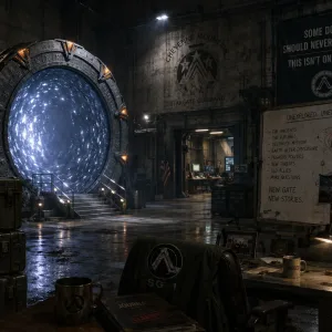 Active Stargate in Stargate Command with a whiteboard reading Unexplored, Unexplained, Unfinished and an SG-1 flight jacket on a chair.