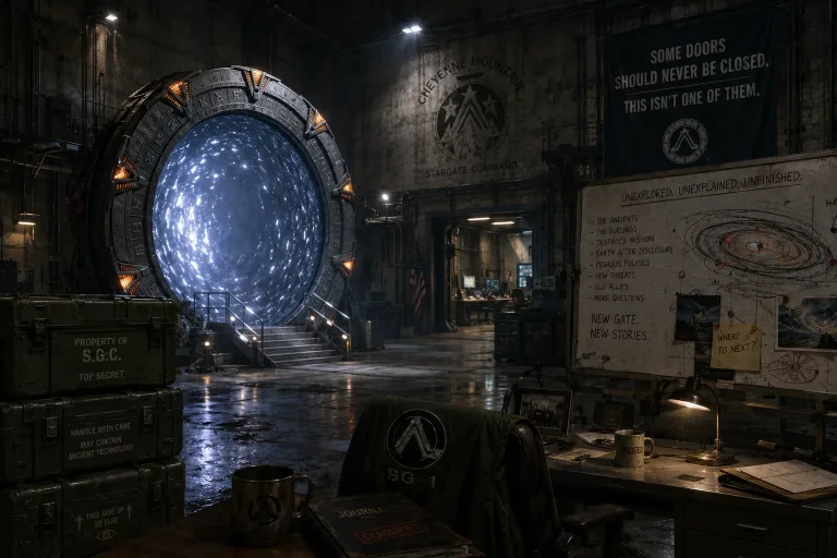 Active Stargate in Stargate Command with a whiteboard reading Unexplored, Unexplained, Unfinished and an SG-1 flight jacket on a chair.